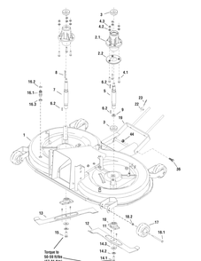 40" Mower Deck - Housing, Hitch, Arbors And Blade Group Diagram and Parts List for 2690882-YB1840RDFR 2010 Briggs and Stratton Lawn Tractor